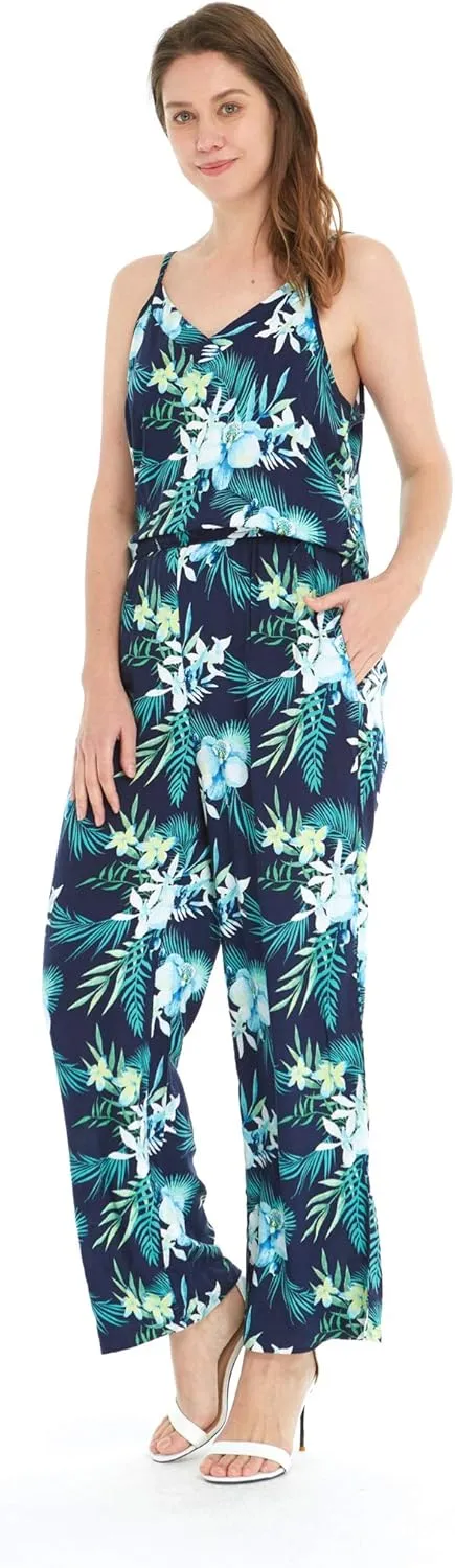 Women's Hawaiian Strap V with Pockets Jumpsuit in Hibiscus Blue