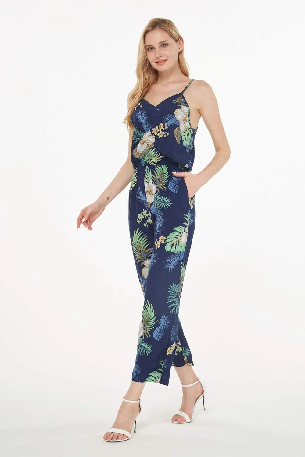 Women's Hawaiian Strap V with Pockets Jumpsuit in Wispy Cereus