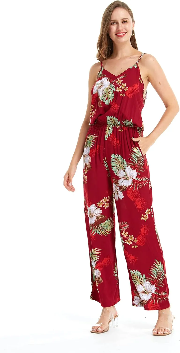 Women's Hawaiian Strap V with Pockets Jumpsuit in Wispy Cereus