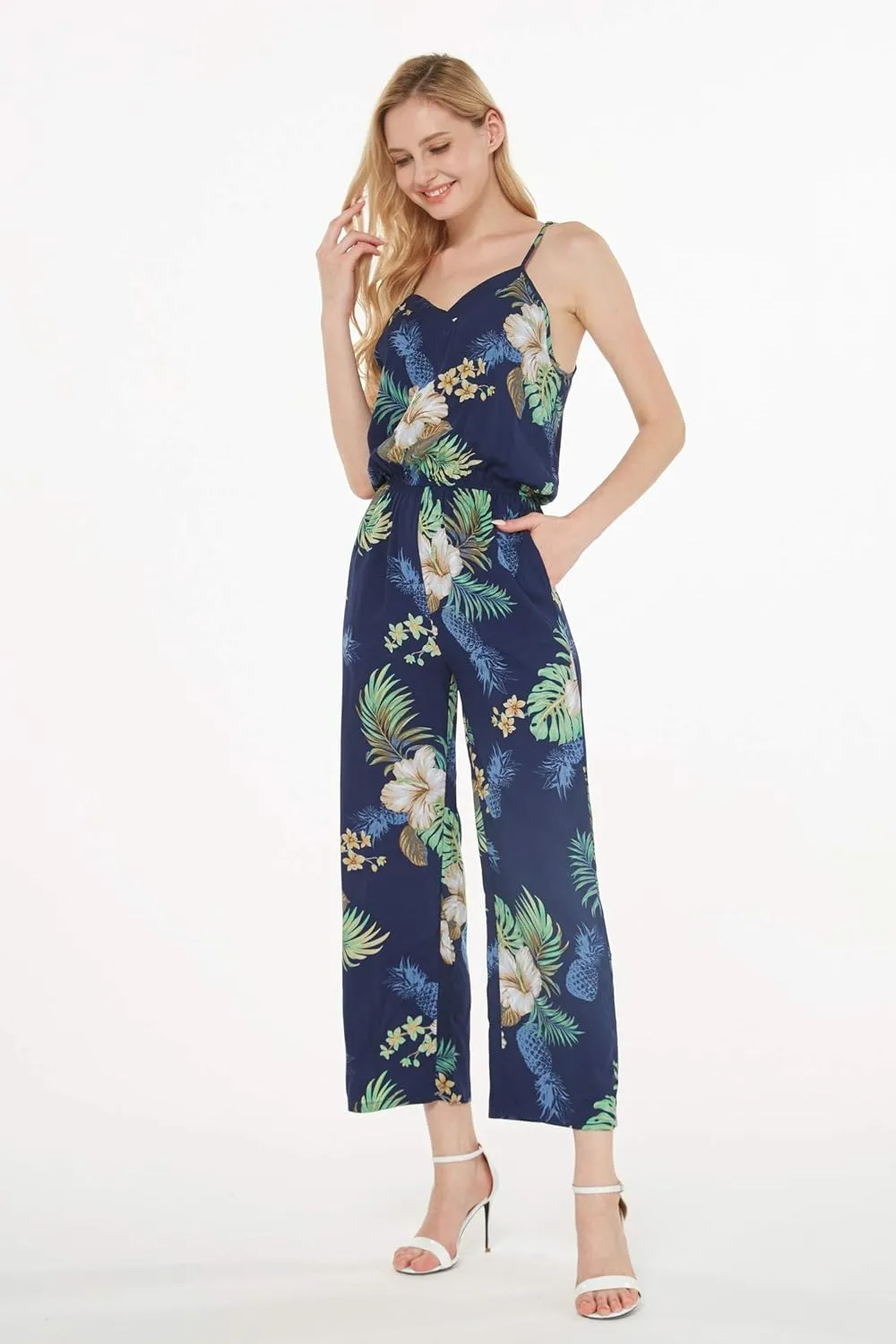 Women's Hawaiian Strap V with Pockets Jumpsuit in Wispy Cereus