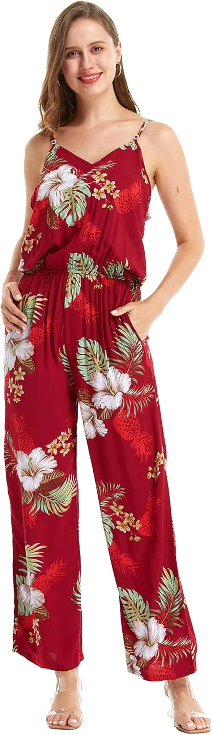Women's Hawaiian Strap V with Pockets Jumpsuit in Wispy Cereus