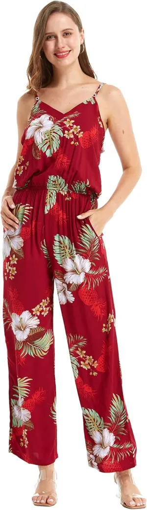 Women's Hawaiian Strap V with Pockets Jumpsuit in Wispy Cereus