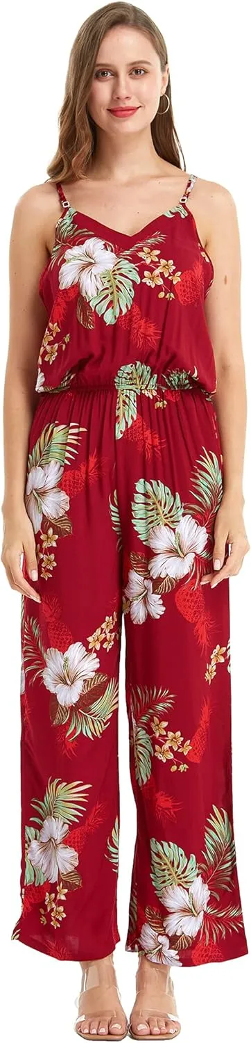Women's Hawaiian Strap V with Pockets Jumpsuit in Wispy Cereus