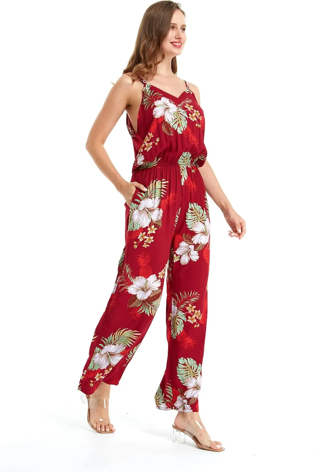 Women's Hawaiian Strap V with Pockets Jumpsuit in Wispy Cereus