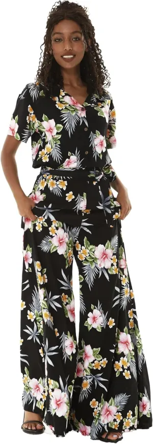 Women's Hawaiian Wide Legged with Pockets Jumpsuit in Hibiscus Blue