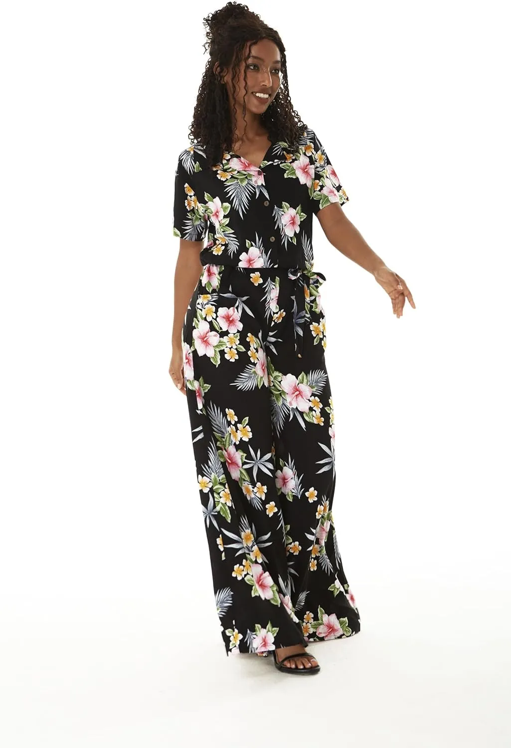 Women's Hawaiian Wide Legged with Pockets Jumpsuit in Hibiscus Blue
