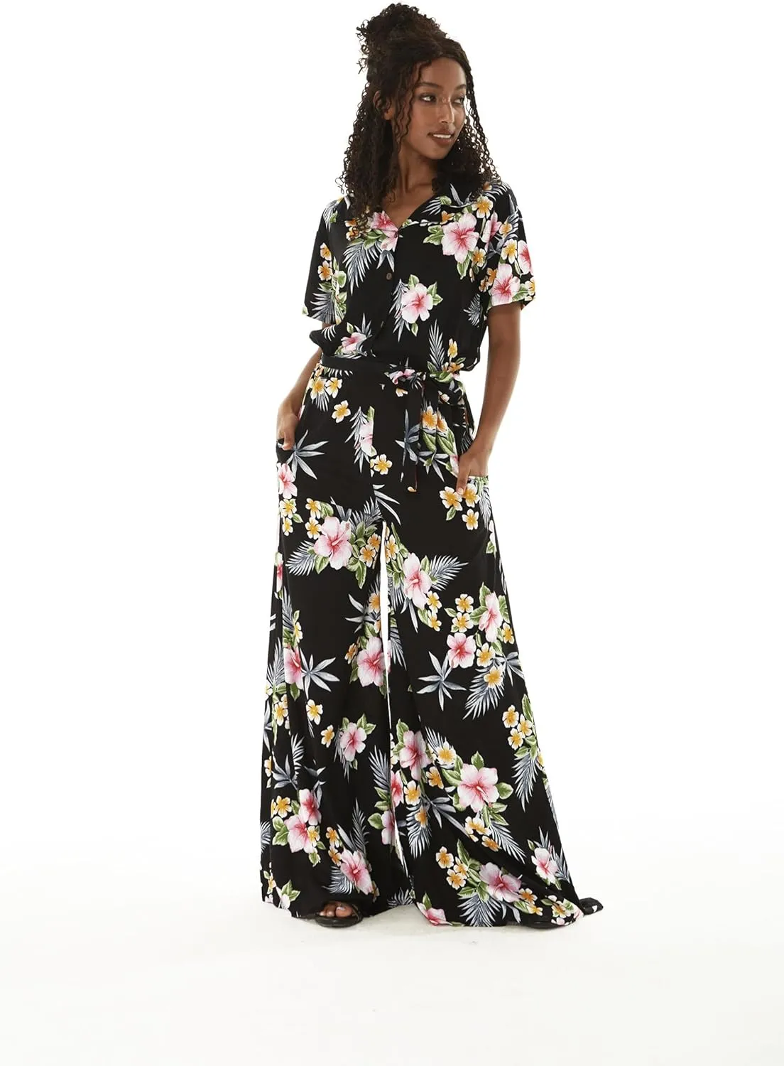 Women's Hawaiian Wide Legged with Pockets Jumpsuit in Hibiscus Blue