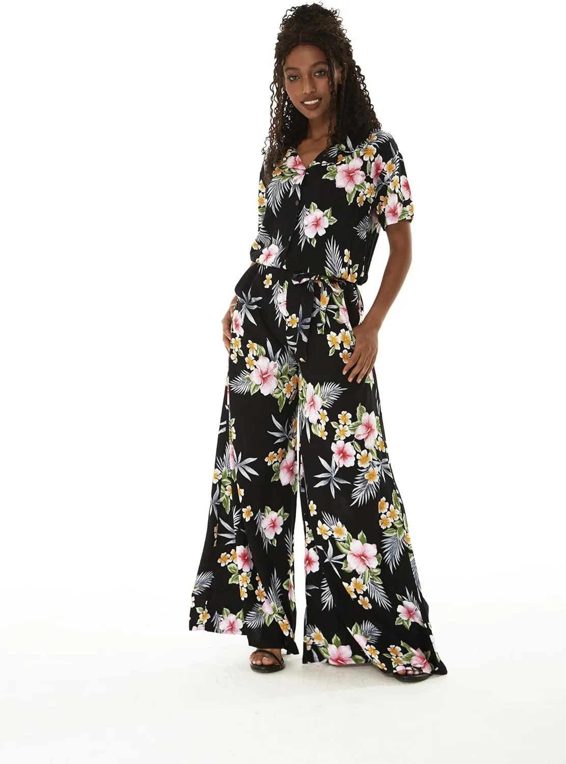 Women's Hawaiian Wide Legged with Pockets Jumpsuit in Hibiscus Blue