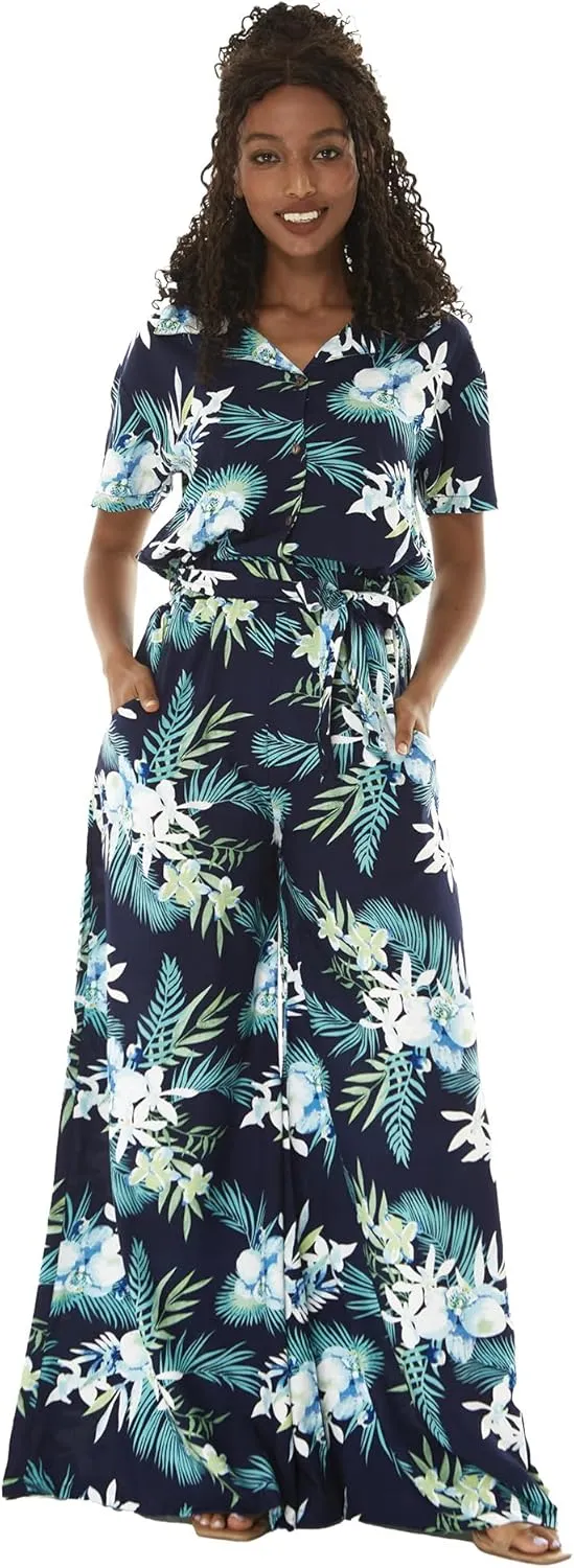 Women's Hawaiian Wide Legged with Pockets Jumpsuit in Orchid Breeze Navy