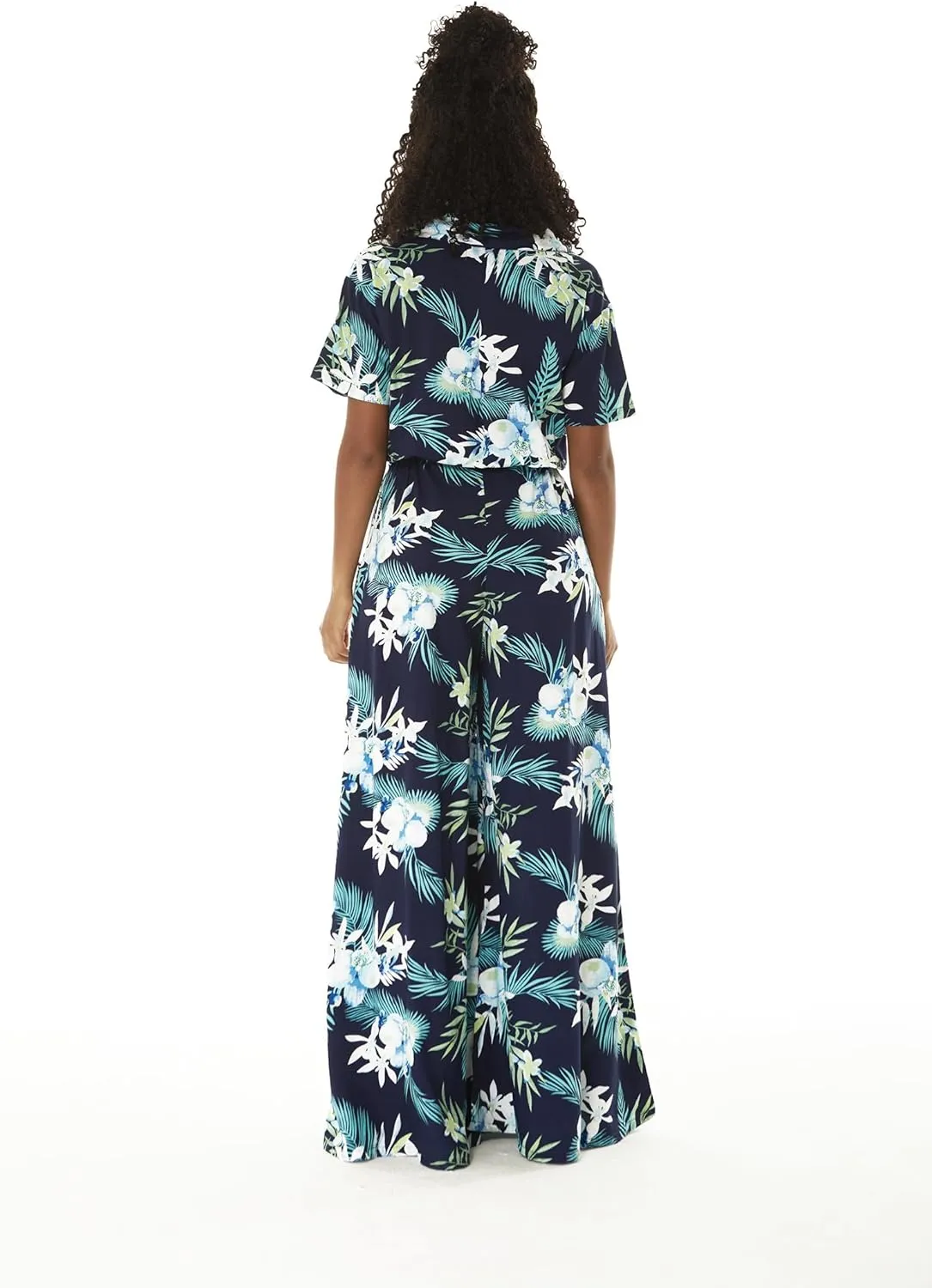 Women's Hawaiian Wide Legged with Pockets Jumpsuit in Orchid Breeze Navy