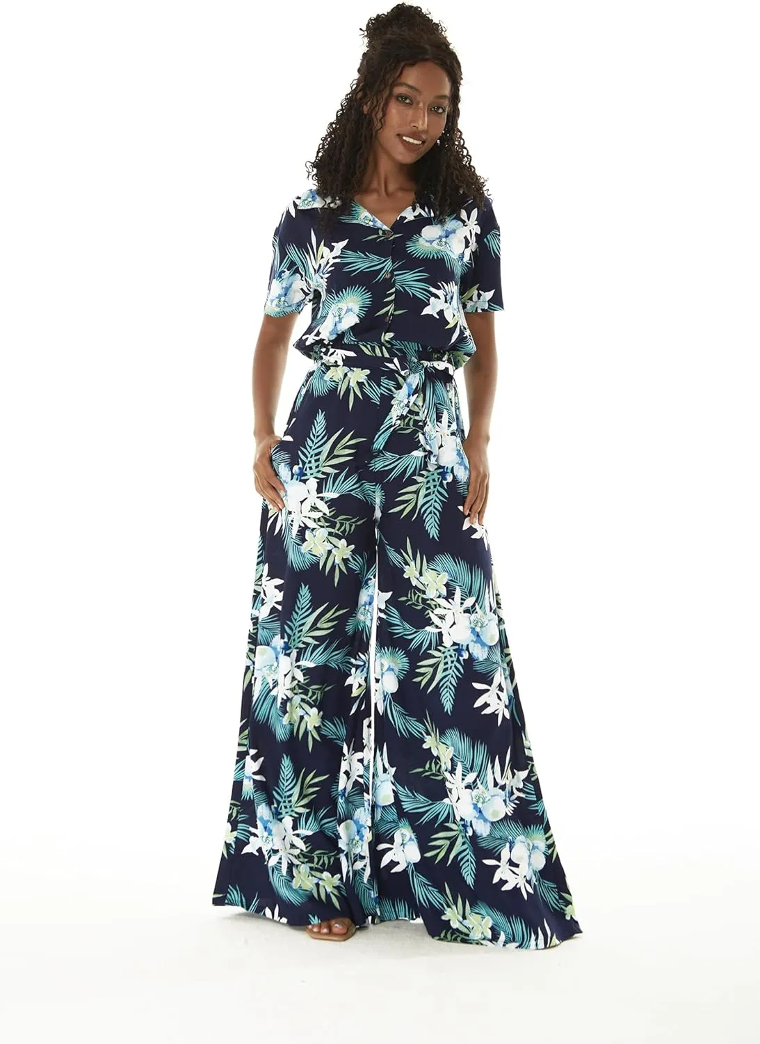 Women's Hawaiian Wide Legged with Pockets Jumpsuit in Orchid Breeze Navy