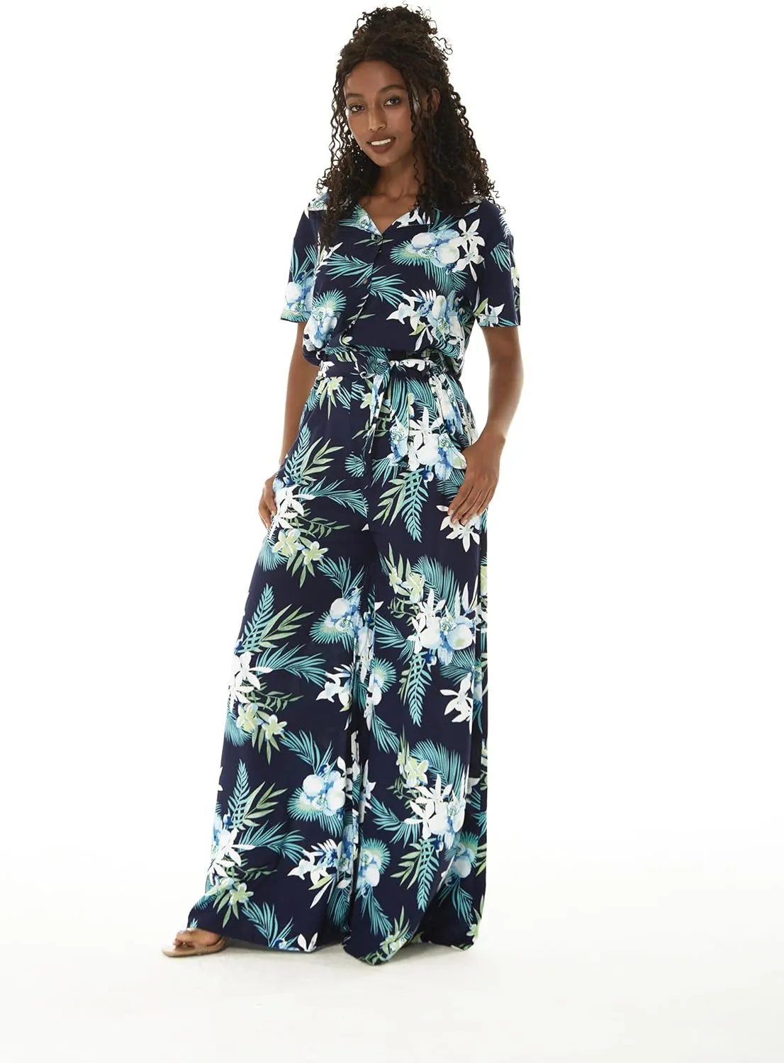 Women's Hawaiian Wide Legged with Pockets Jumpsuit in Orchid Breeze Navy