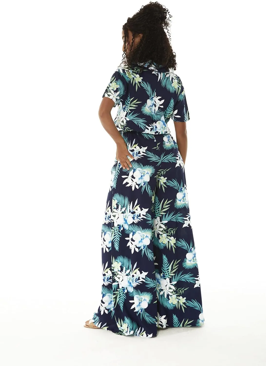 Women's Hawaiian Wide Legged with Pockets Jumpsuit in Orchid Breeze Navy