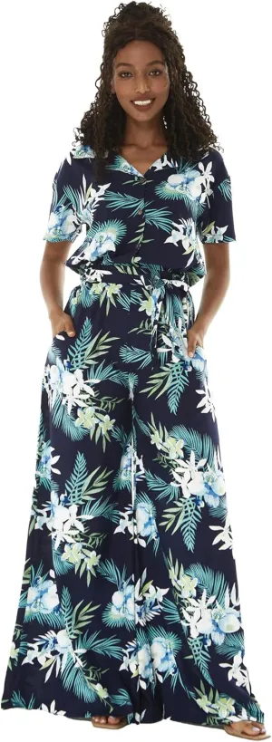 Women's Hawaiian Wide Legged with Pockets Jumpsuit in Orchid Breeze Navy