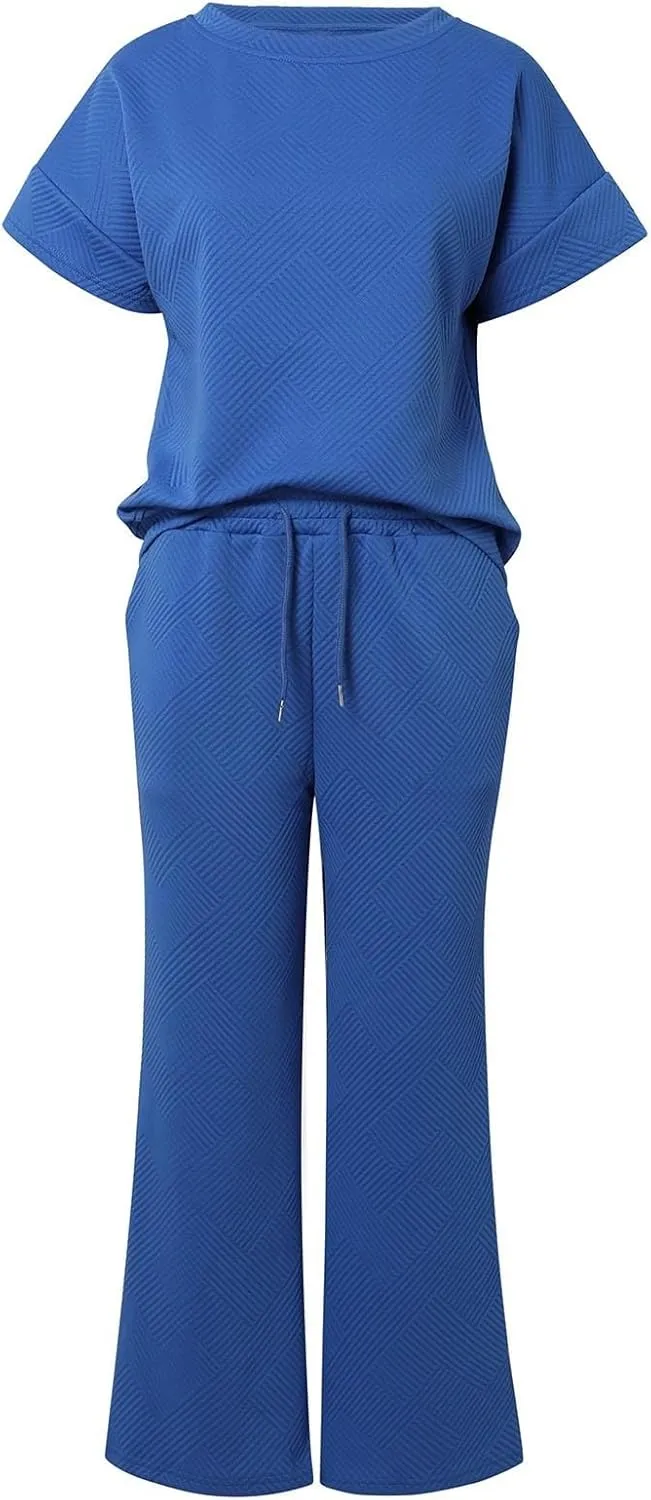 Womens Matching Lounge Sets Summer Oversized Wide Leg Pants Short Sleeve Lounge Sets Chic Soft Cotton Loungewear Sets