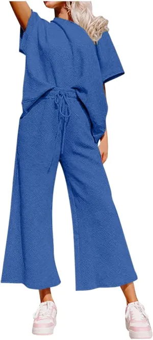 Womens Matching Lounge Sets Summer Oversized Wide Leg Pants Short Sleeve Lounge Sets Chic Soft Cotton Loungewear Sets