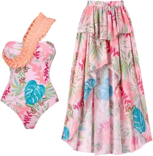 Women's One Piece Swimsuit with Cover up Wrap Skirt Floral Sarong Tummy Control Beach Bikini Set Bathing Suit