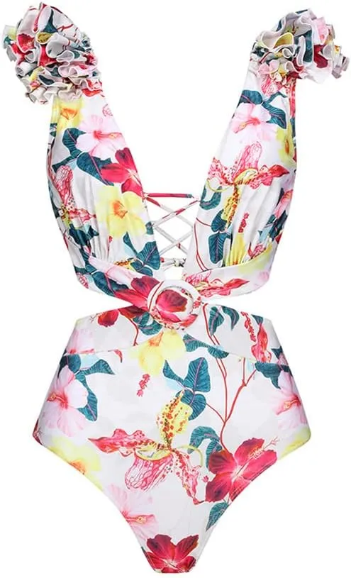 Women's One Piece Swimsuit with Cover up Wrap Skirt Floral Sarong Tummy Control Beach Bikini Set Bathing Suit