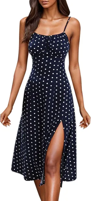Women's Summer Casual Square Neck Dress with Pocket Cute Sleeveless High Waist A-Line Sundress Midi Dresses