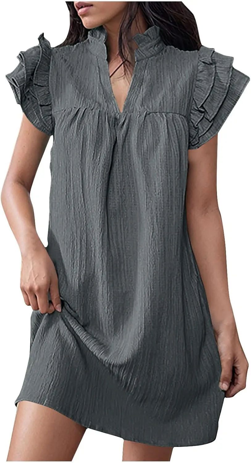 Womens Summer V-Neck Dress Ruffle Cap Short Sleeve Sundress Loose Mini T-Shirt Dresses Cotton Linen Tunic