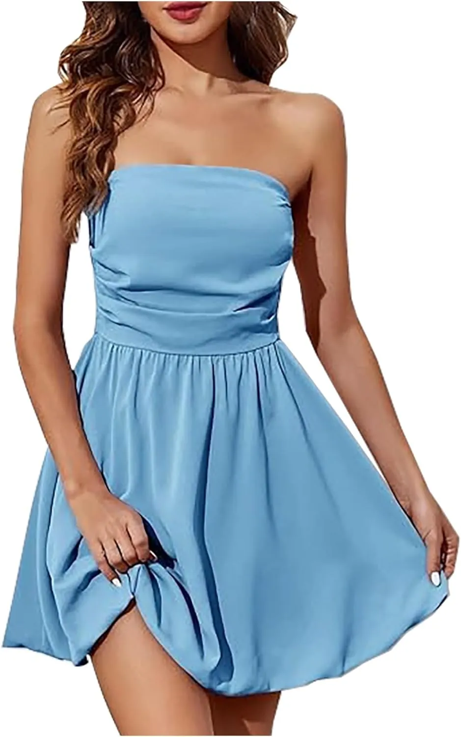 Women's Tube Top Dress Sexy Off Shoulder Ruffle Tiered Flowy Mini Dresses Summer Trendy Strapless Bubble Short Dress