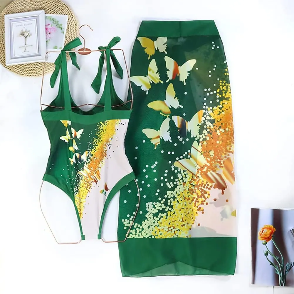 Women's Vintage Floral Print One Piece Swimsuit Ruffle Backless Swimming Suits with Movable Chest Pads