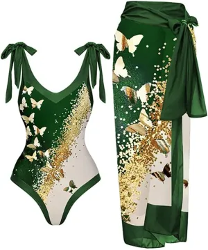 Women's Vintage Floral Print One Piece Swimsuit Ruffle Backless Swimming Suits with Movable Chest Pads