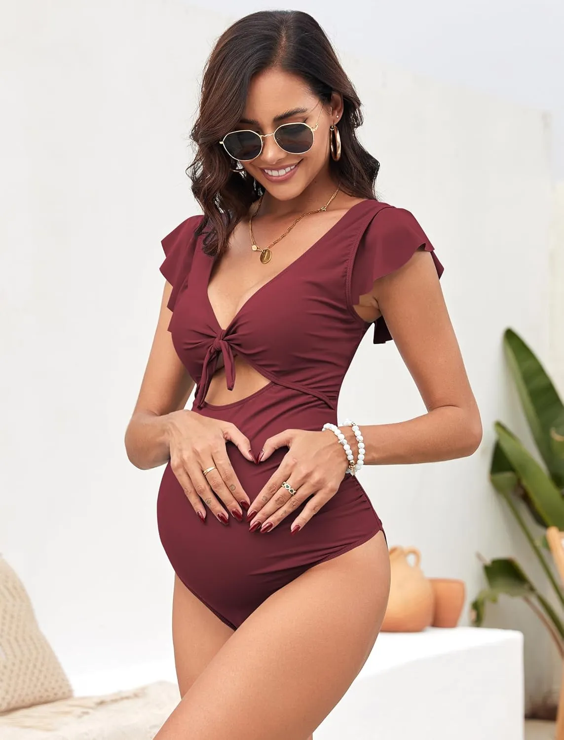 ZAFUL 2025 Maternity One Piece Swimsuit for Women Swim Suits Tie Front Tummy Control Bathing Suits Ruffle Swimsuits