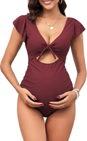 ZAFUL 2025 Maternity One Piece Swimsuit for Women Swim Suits Tie Front Tummy Control Bathing Suits Ruffle Swimsuits
