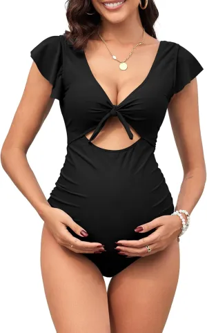 ZAFUL 2025 Maternity One Piece Swimsuit for Women Swim Suits Tie Front Tummy Control Bathing Suits Ruffle Swimsuits